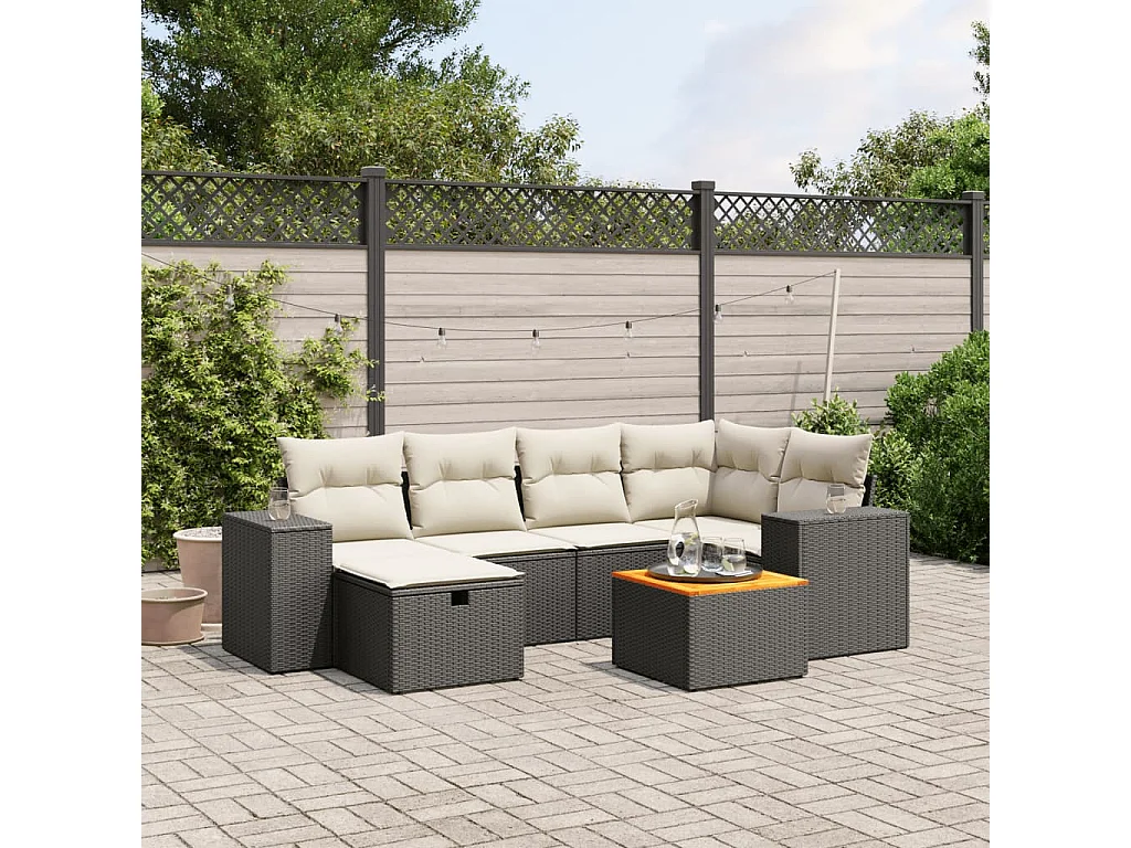 Salon de jardin 7 pcs avec coussins noir résine tressée
