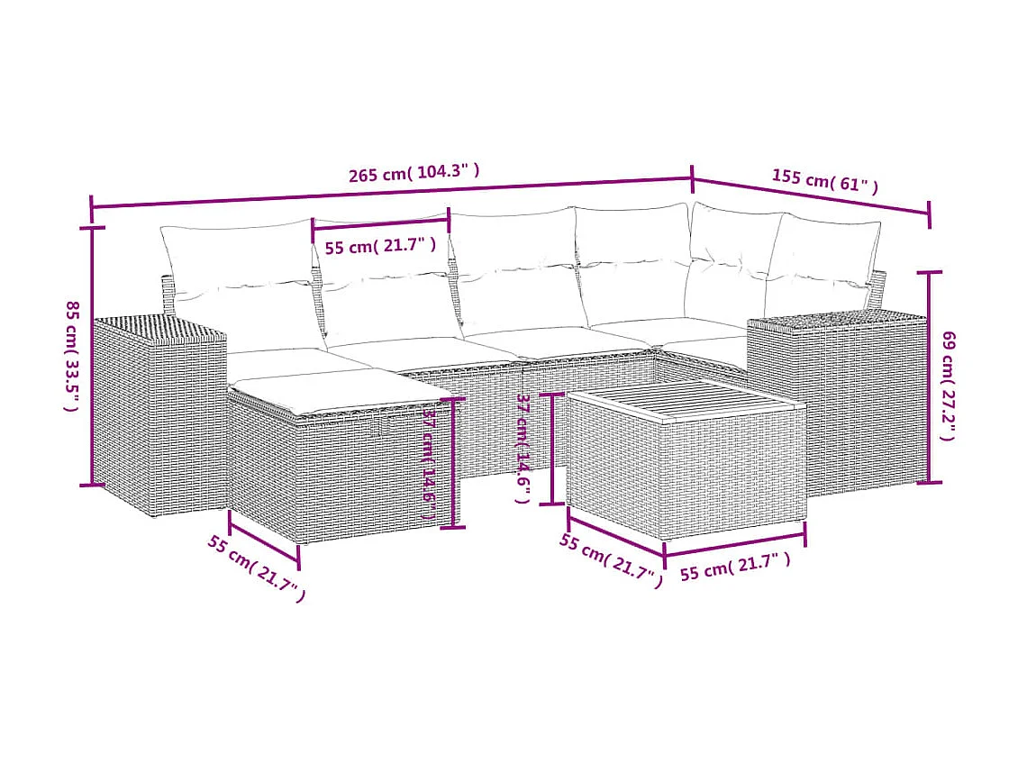 Salon de jardin 7 pcs avec coussins noir résine tressée