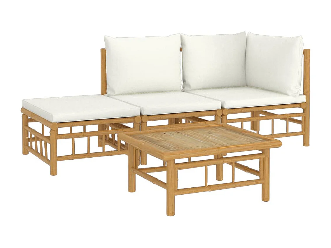 Salon de jardin 4 pcs avec coussins blanc crème bambou