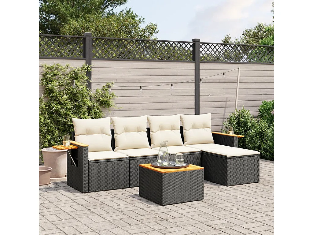 Salon de jardin 6 pcs avec coussins noir résine tressée