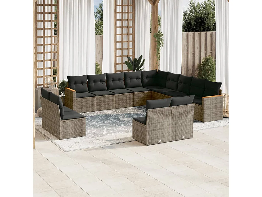 Salon de jardin avec coussins 13 pcs gris résine tressée