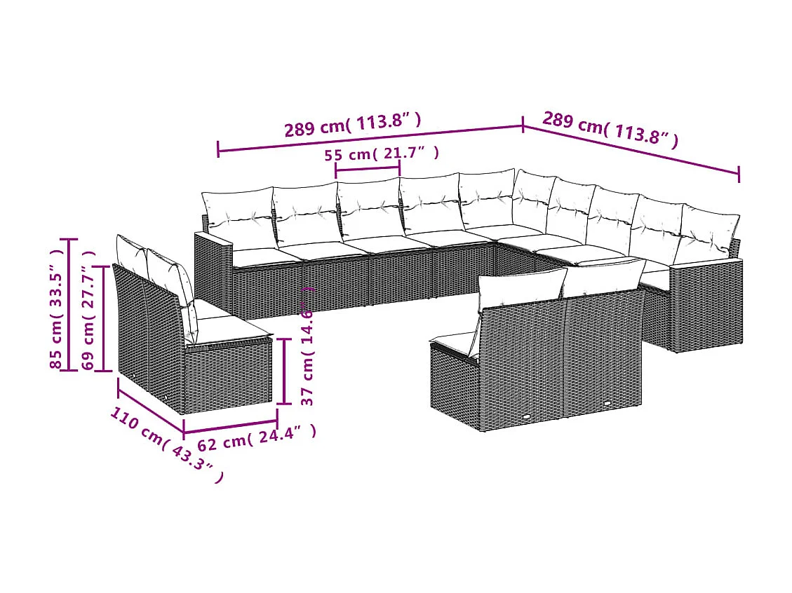 Salon de jardin avec coussins 13 pcs gris résine tressée