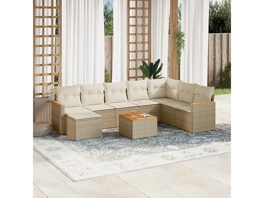 Salon de jardin avec coussins 9 pcs beige résine tressée