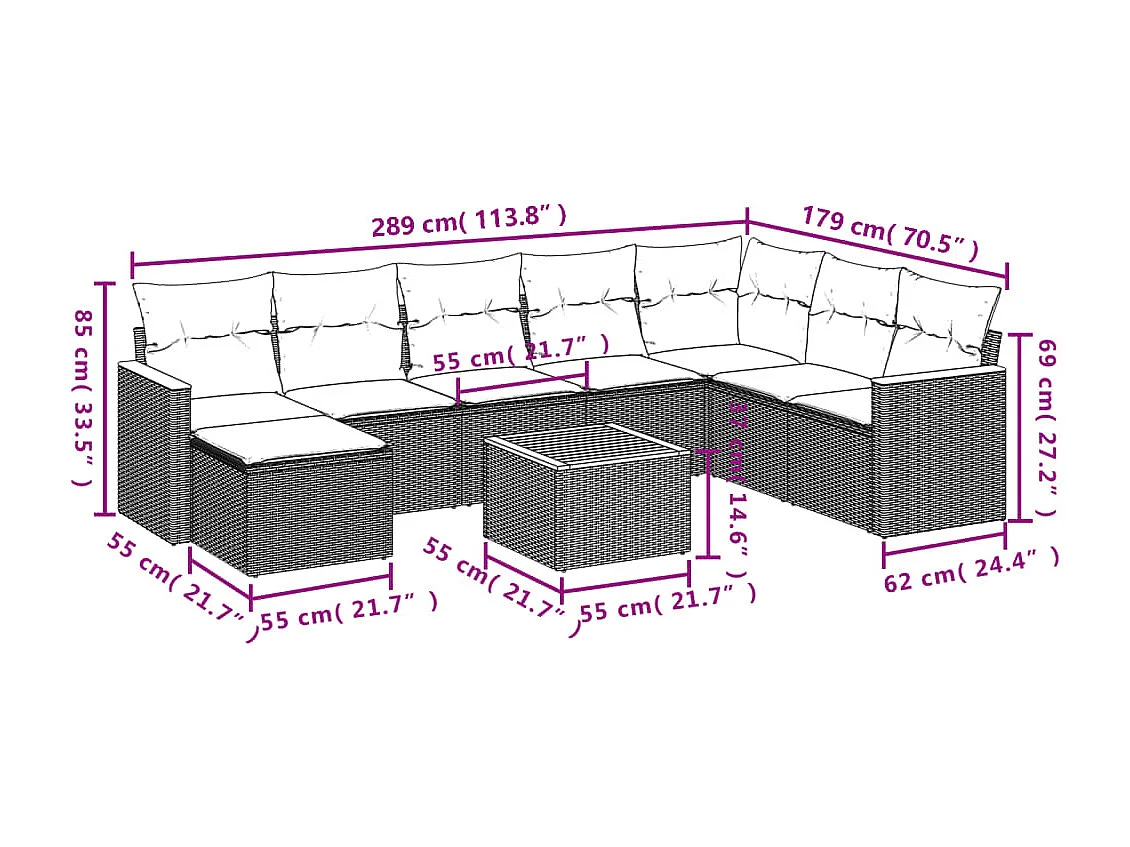 Salon de jardin avec coussins 9 pcs beige résine tressée