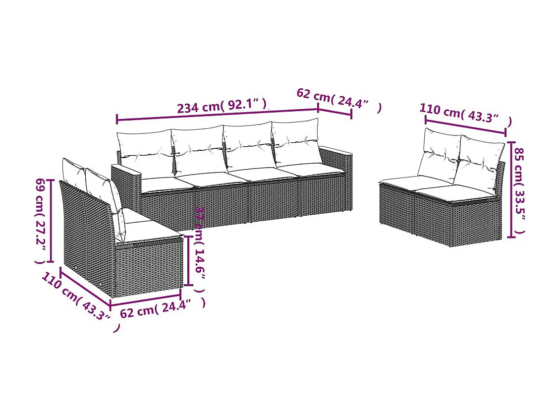 Salon de jardin avec coussins 8 pcs beige résine tressée