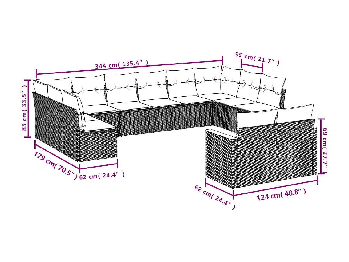 Salon de jardin 12 pcs avec coussins noir résine tressée