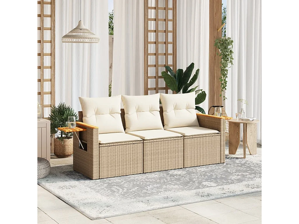 Salon de jardin avec coussins 3 pcs beige résine tressée
