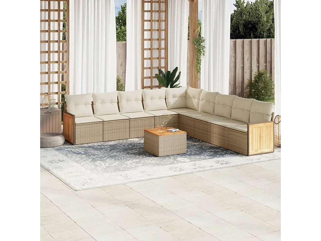 Salon de jardin avec coussins 10 pcs beige résine tressée