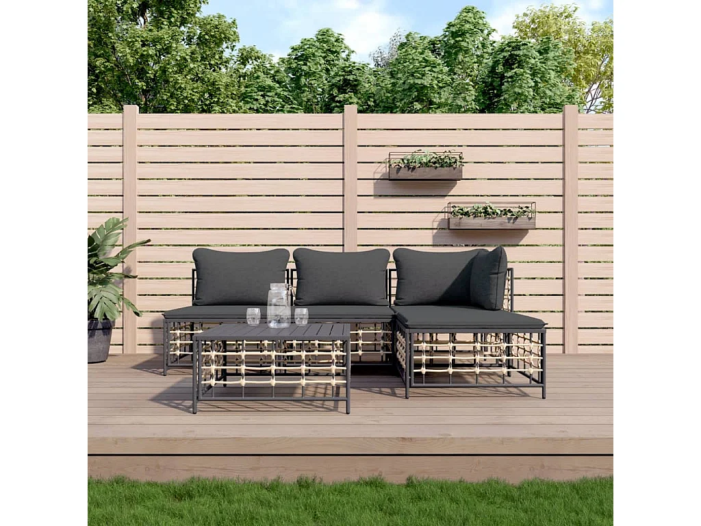 Salon de jardin 5 pcs avec coussins anthracite résine tressée