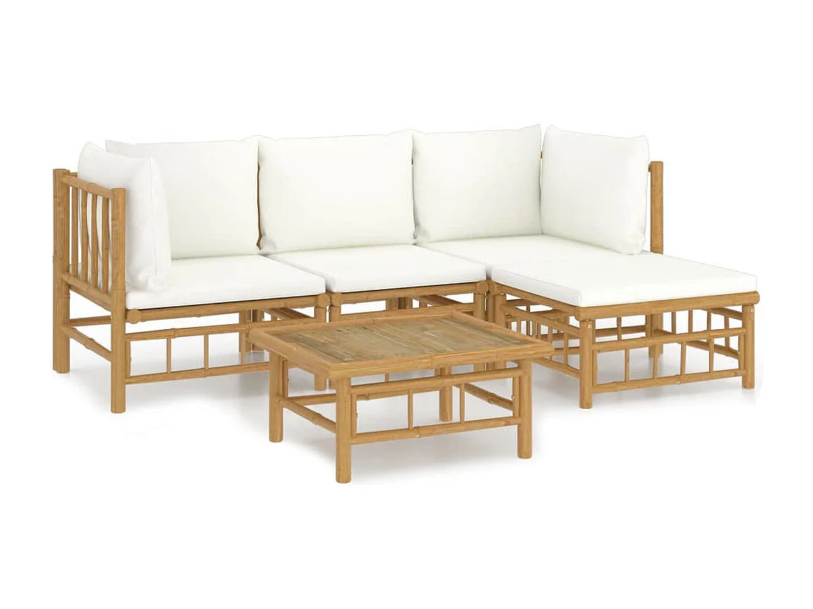 Salon de jardin 5 pcs avec coussins blanc crème bambou