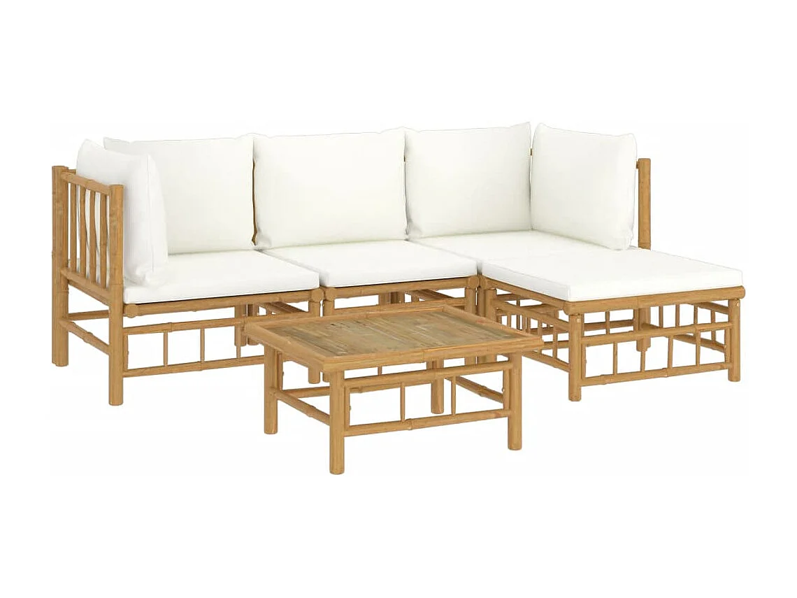 Salon de jardin 5 pcs avec coussins blanc crème bambou