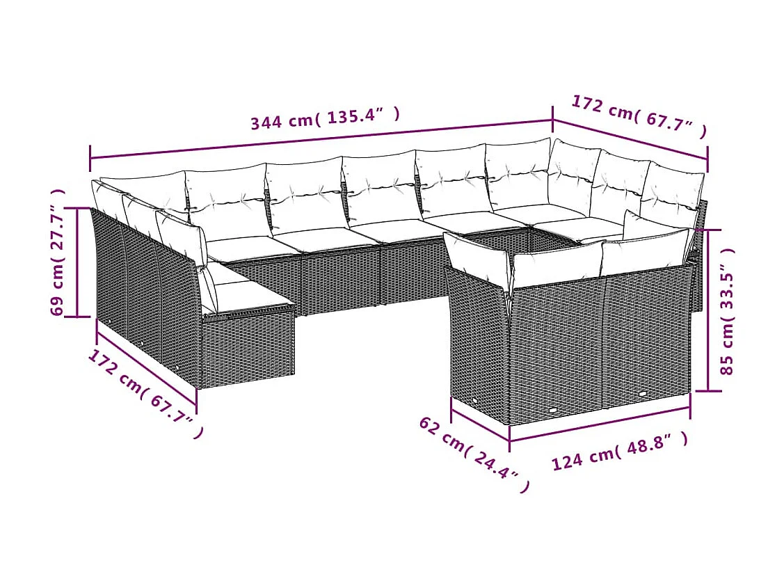 Salon de jardin avec coussins 12 pcs beige résine tressée