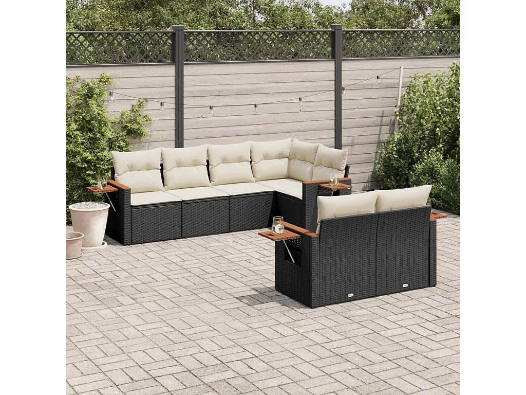 Salon de jardin 7 pcs avec coussins noir résine tressée