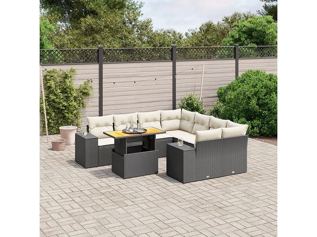 Salon de jardin 9 pcs avec coussins noir résine tressée