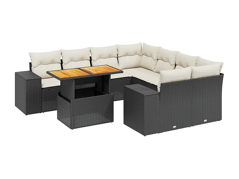 Salon de jardin 9 pcs avec coussins noir résine tressée