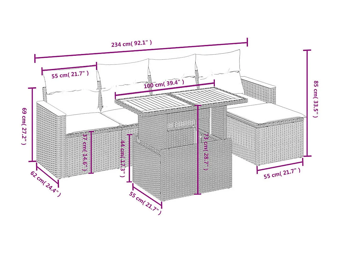 Salon de jardin 6 pcs avec coussins noir résine tressée