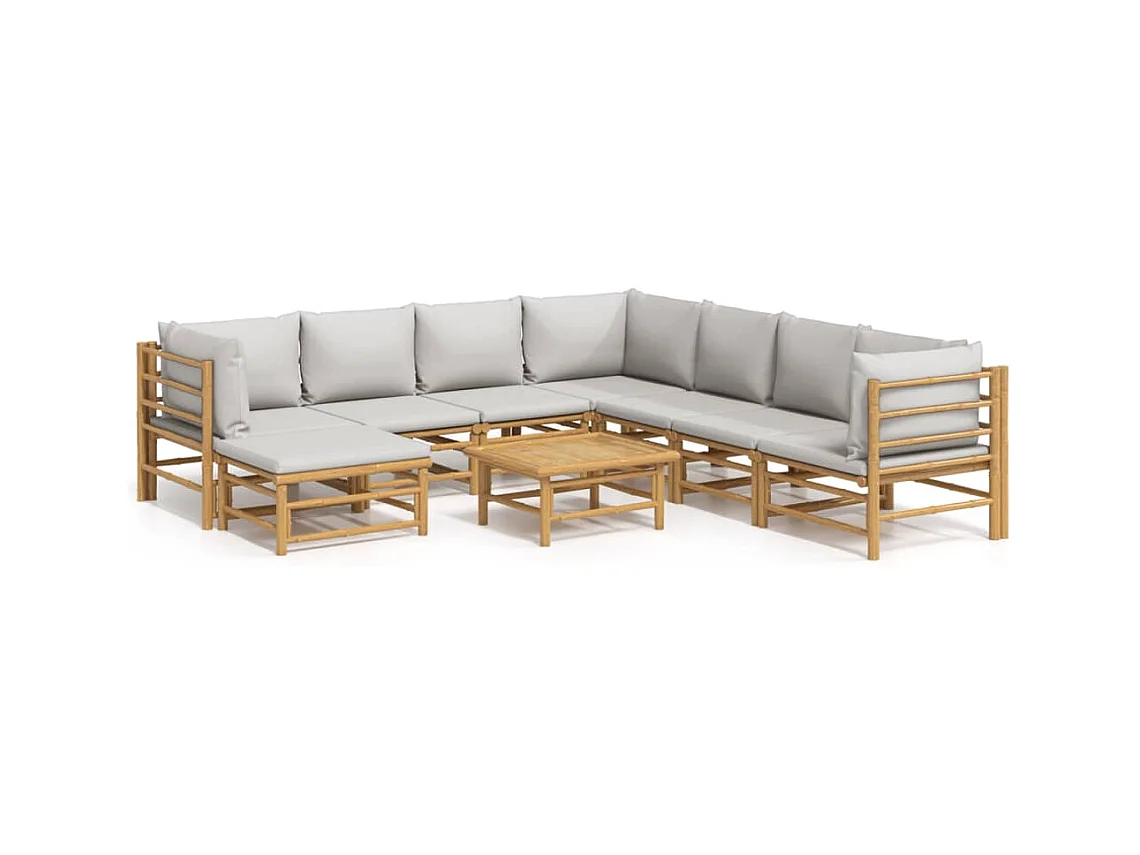Salon de jardin 9 pcs avec coussins gris clair bambou