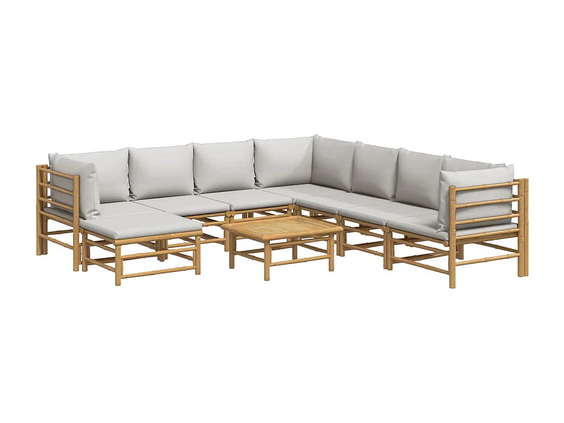 Salon de jardin 9 pcs avec coussins gris clair bambou