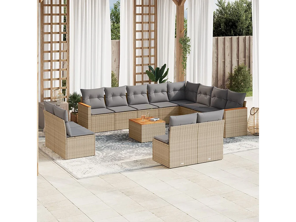 Salon de jardin et coussins 13 pcs mélange beige résine tressée