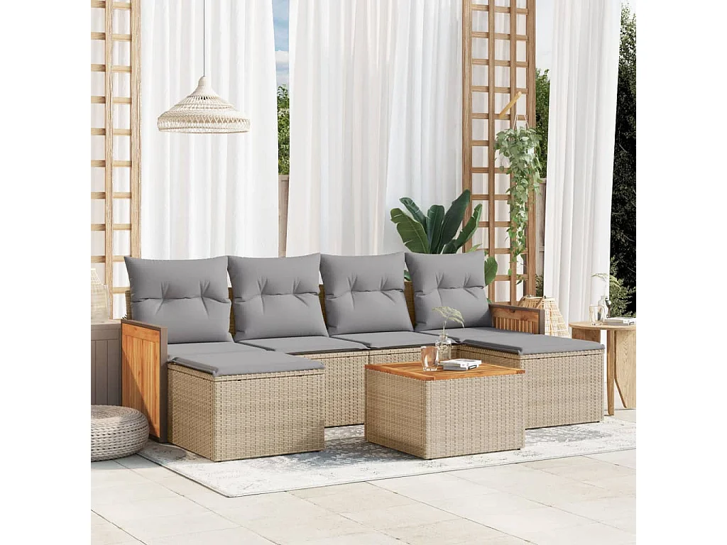 Salon de jardin avec coussins 7 pcs beige résine tressée