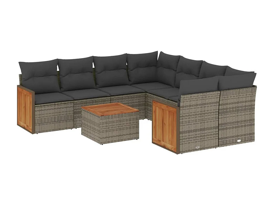 Salon de jardin 9 pcs avec coussins gris résine tressée