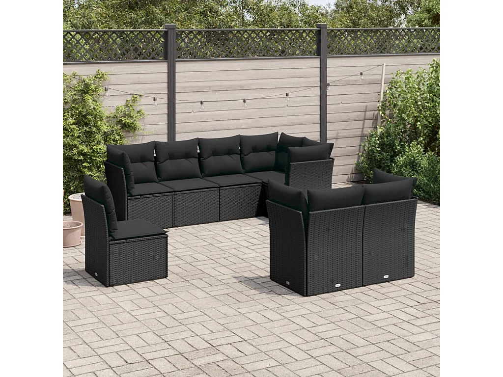 Salon de jardin 8 pcs avec coussins noir résine tressée