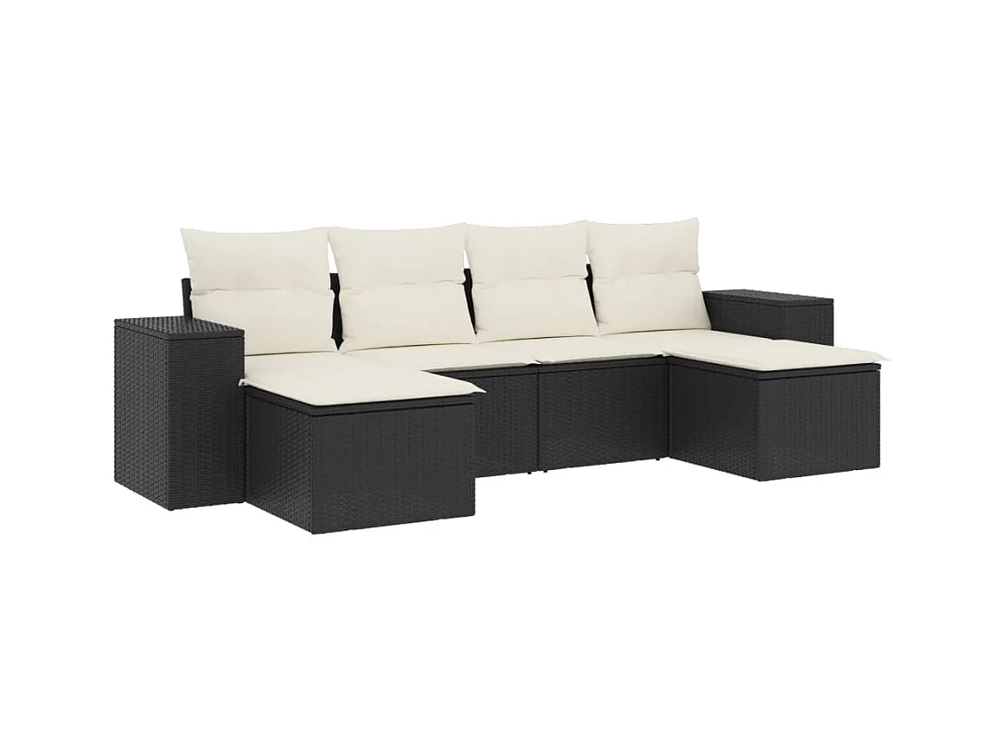 Salon de jardin 6 pcs avec coussins noir résine tressée
