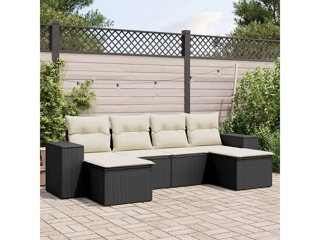 Salon de jardin 6 pcs avec coussins noir résine tressée