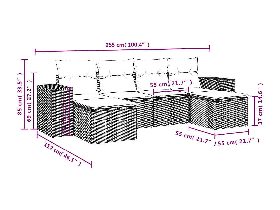 Salon de jardin 6 pcs avec coussins noir résine tressée