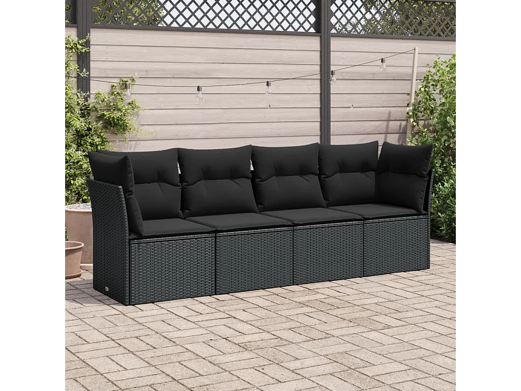 Salon de jardin 4 pcs avec coussins noir résine tressée