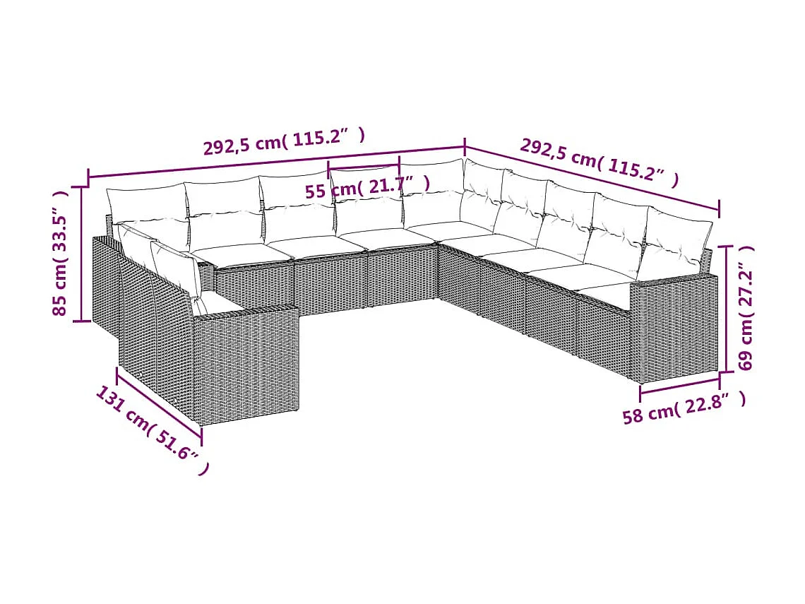 Salon de jardin 11 pcs avec coussins noir résine tressée