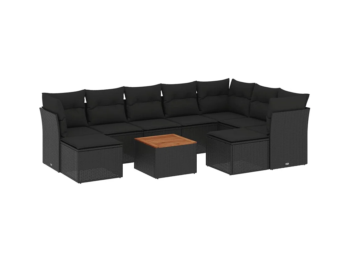 Salon de jardin 10 pcs avec coussins noir résine tressée
