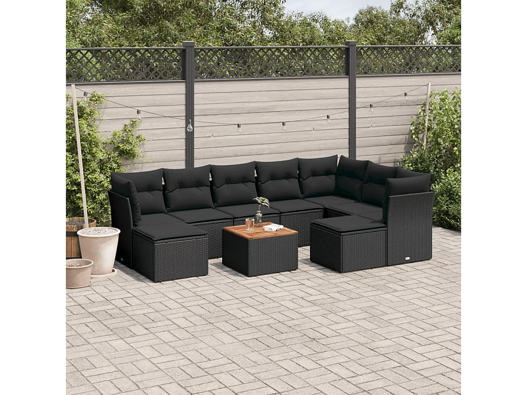 Salon de jardin 10 pcs avec coussins noir résine tressée