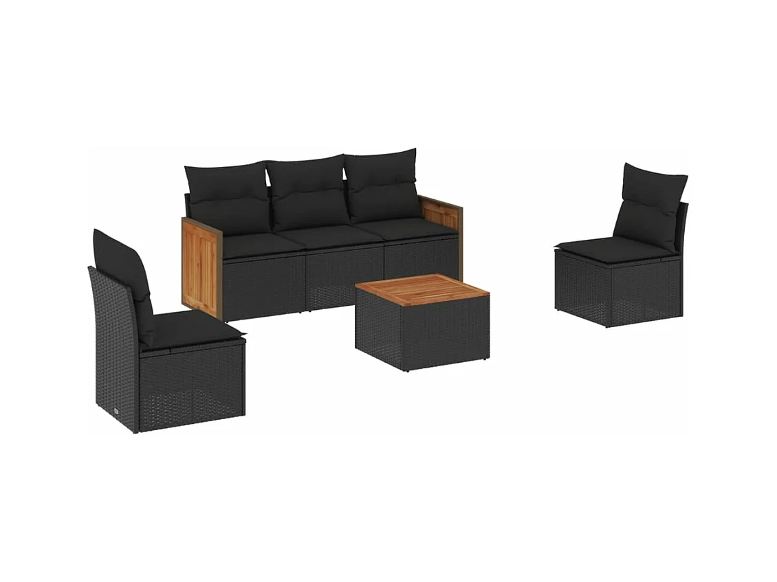 Salon de jardin 6 pcs avec coussins noir résine tressée