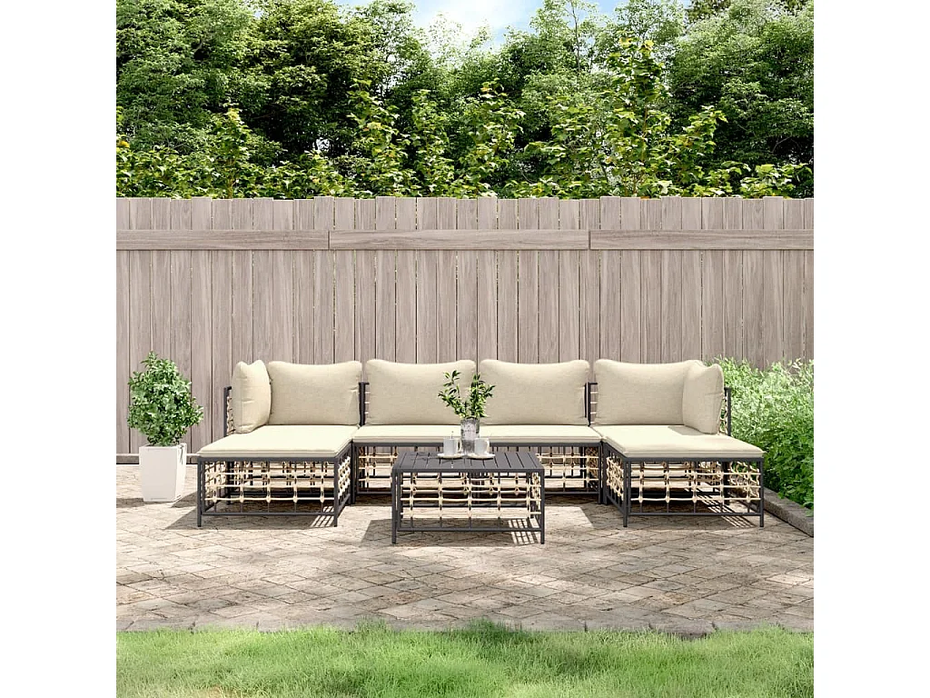 Salon de jardin 7 pcs avec coussins anthracite résine tressée