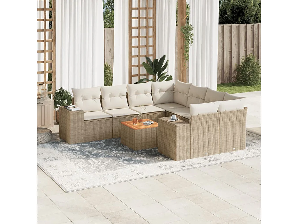 Salon de jardin avec coussins 9 pcs beige résine tressée