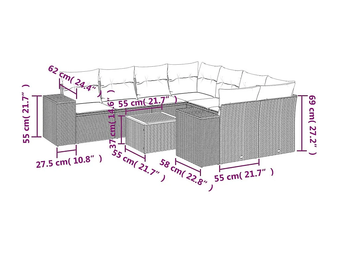 Salon de jardin avec coussins 9 pcs beige résine tressée