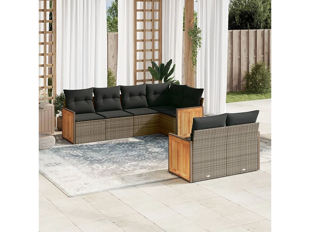 Salon de jardin avec coussins 7 pcs gris résine tressée