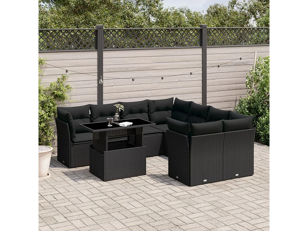 Salon de jardin 9 pcs avec coussins noir résine tressée