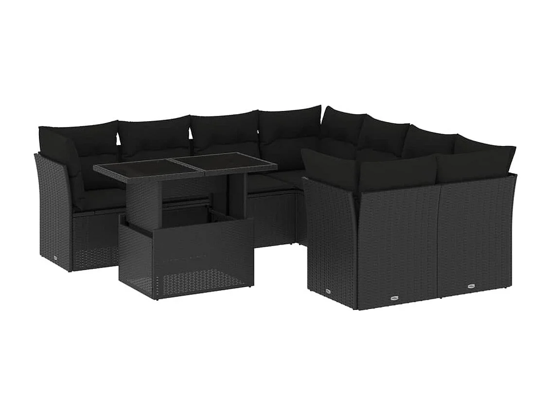 Salon de jardin 9 pcs avec coussins noir résine tressée