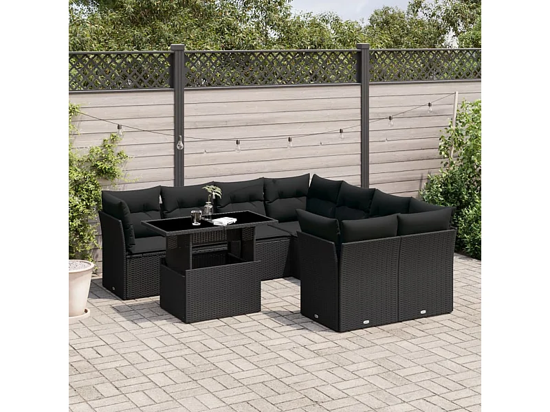 Salon de jardin 9 pcs avec coussins noir résine tressée