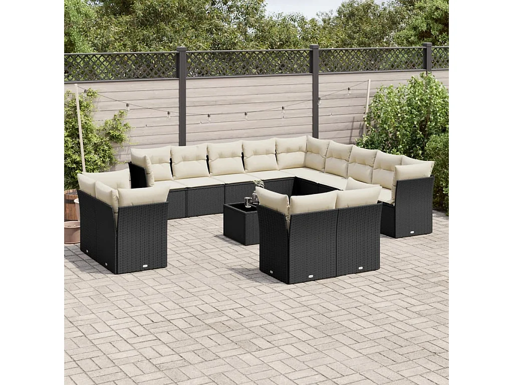 Salon de jardin avec coussins 14 pcs noir résine tressée