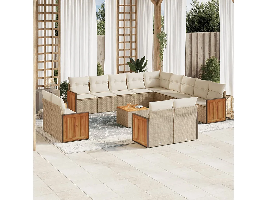 Salon de jardin avec coussins 14 pcs beige résine tressée