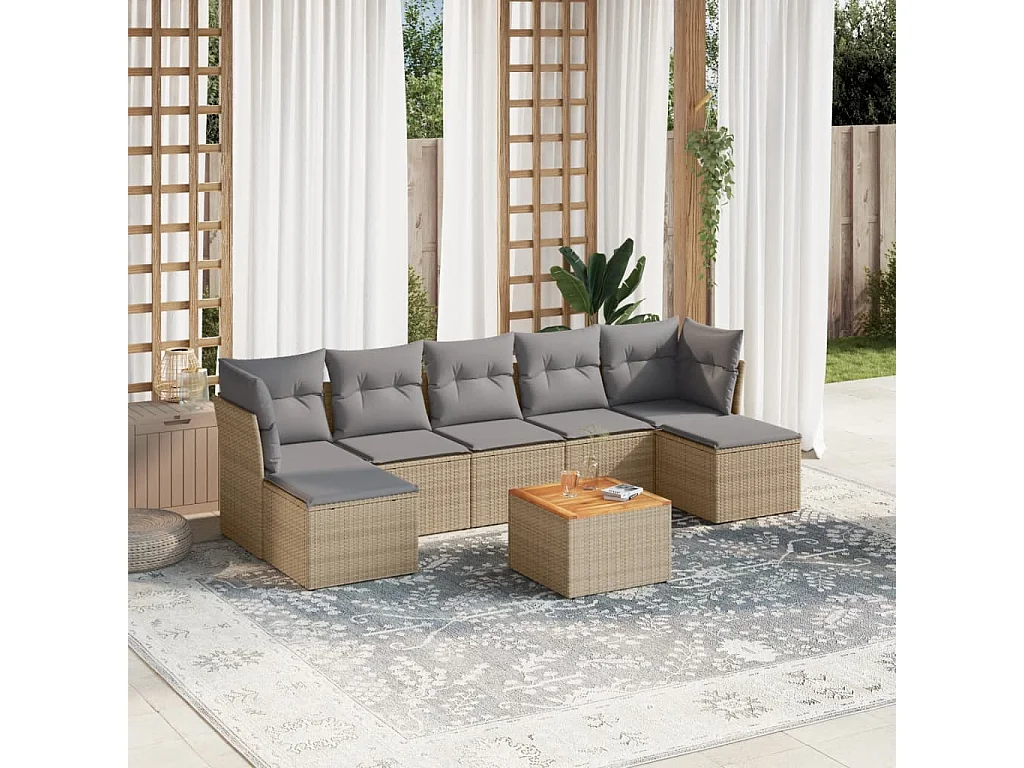 Salon de jardin avec coussins 8 pcs beige résine tressée