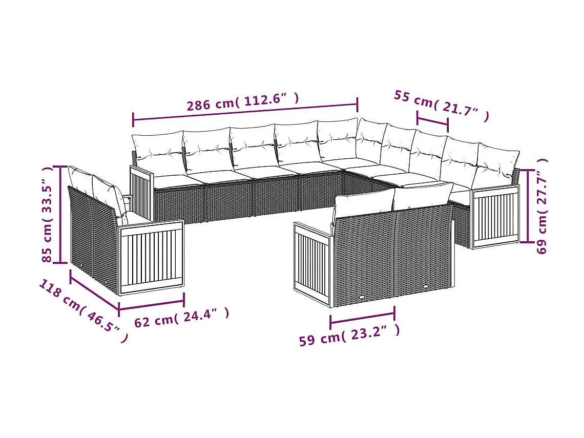 Salon de jardin avec coussins 13 pcs gris résine tressée