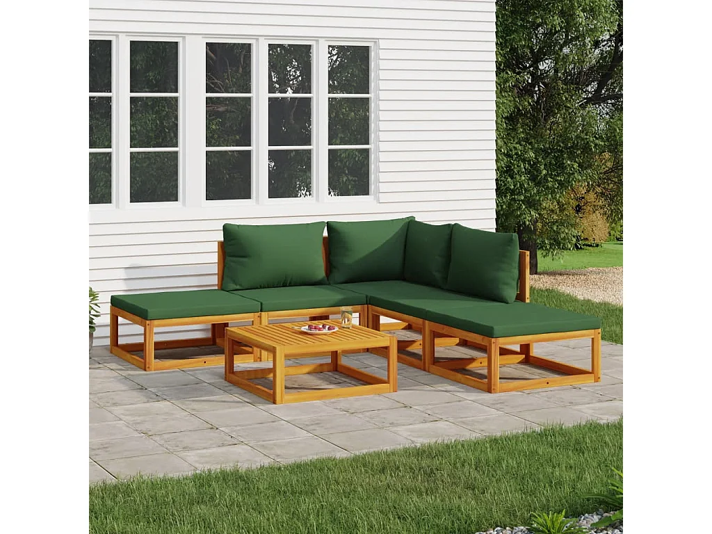 Salon de jardin 6 pcs avec coussins vert bois massif
