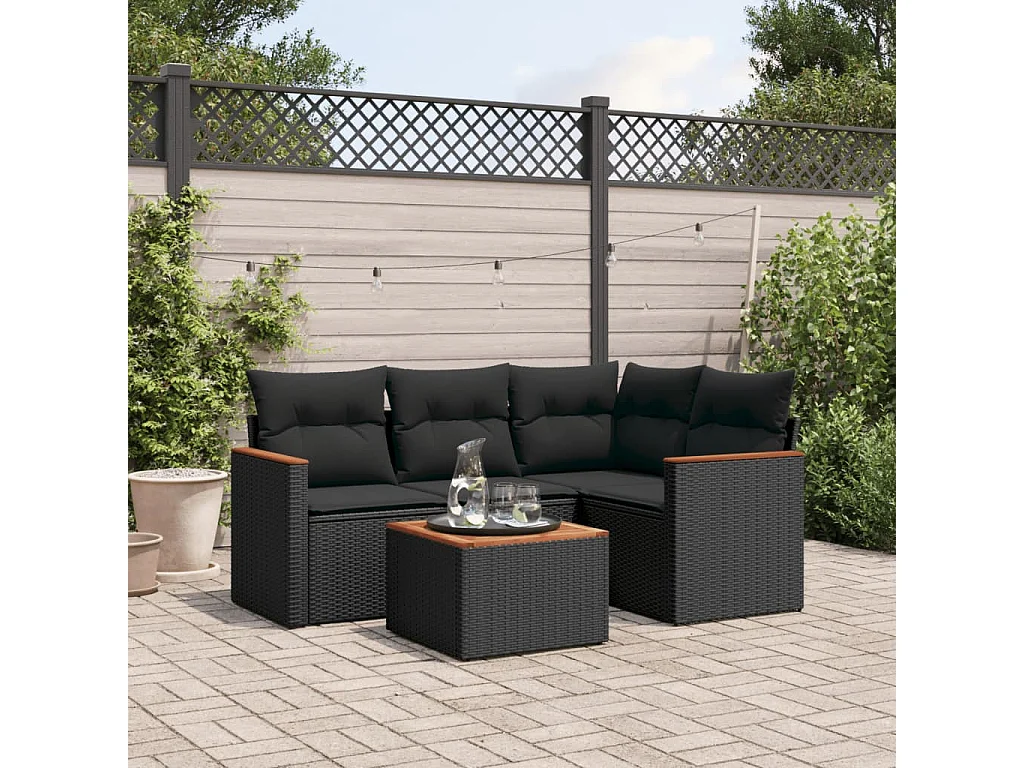 Salon de jardin 5 pcs avec coussins noir résine tressée
