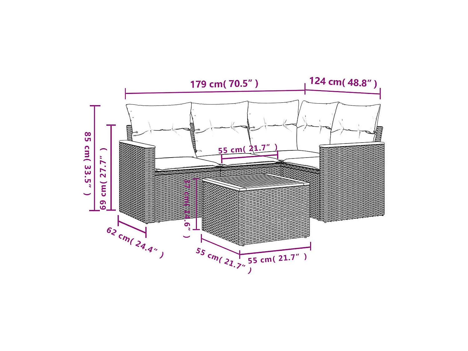 Salon de jardin 5 pcs avec coussins noir résine tressée