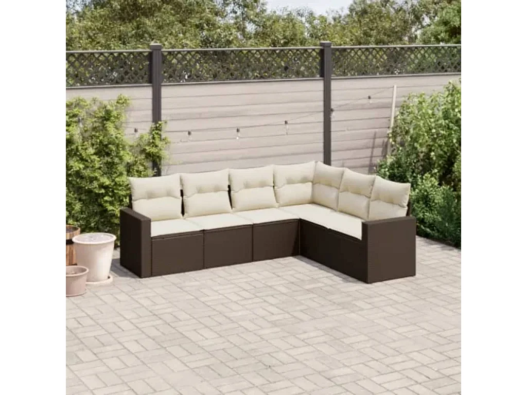 Salon de jardin avec coussins 6 pcs marron résine tressée