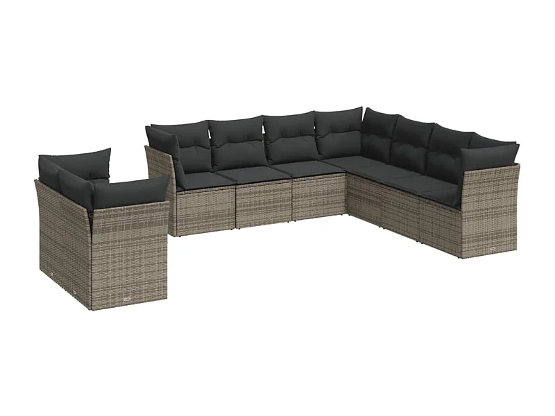 Salon de jardin 9 pcs avec coussins gris résine tressée